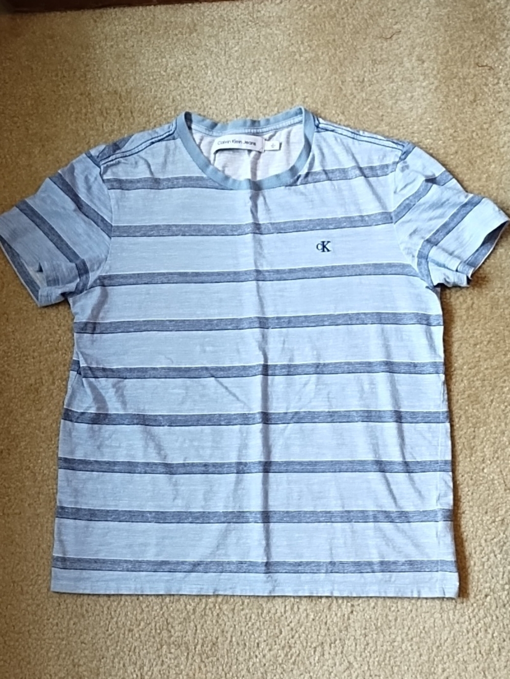 Calvin Klein Jeans Mens M Blue Gray Striped Crewneck T-Shirt Slub Knit CK Logo